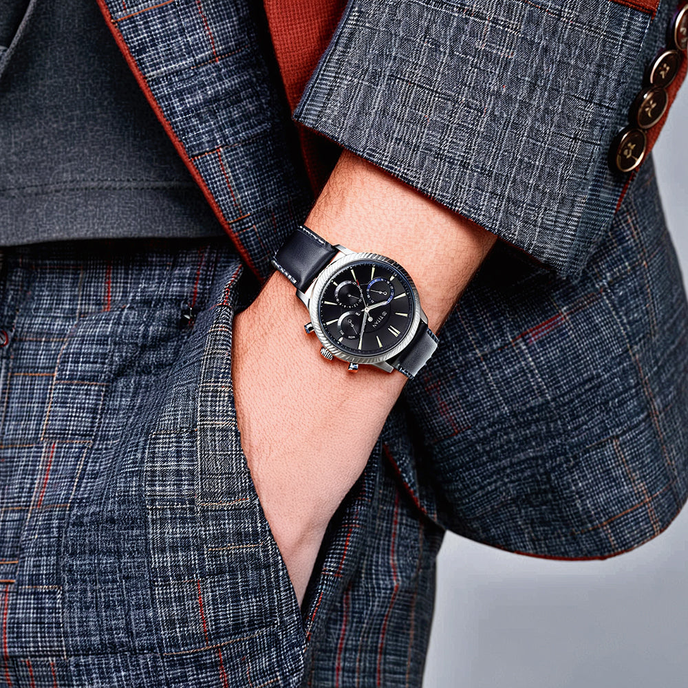 Titan Stellar Quartz Multifunction Black Dial Leather Strap Watch for Men 10012SL01