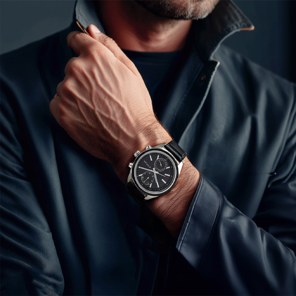 Titan Quartz Multifunction Blue Dial Leather Strap Watch for Men 1733KL01