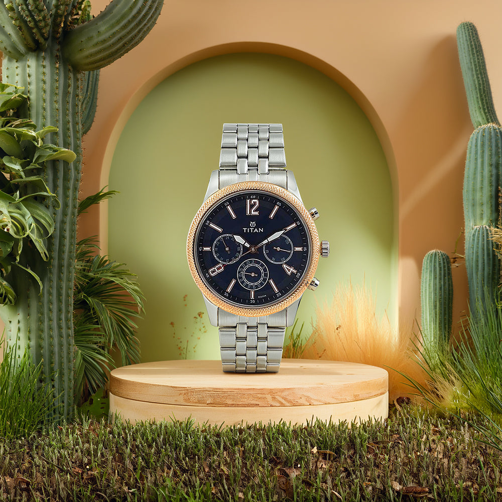 Titan Quartz Multifunction Blue Dial Stainless Steel Strap Watch for Men 1734KM01