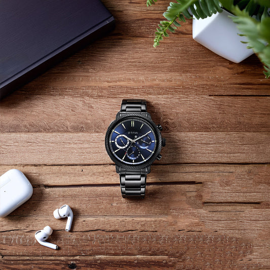 Titan Stellar Quartz Multifunction Blue Dial Stainless Steel Strap Watch for Men 10012NM01