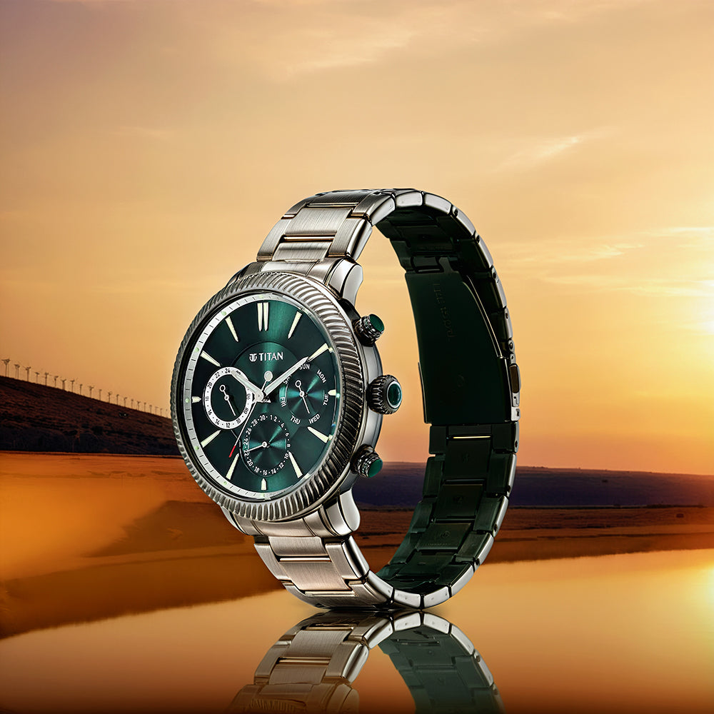 Titan Stellar Quartz Multifunction Green Dial Stainless Steel Strap Watch for Men 10012QM01