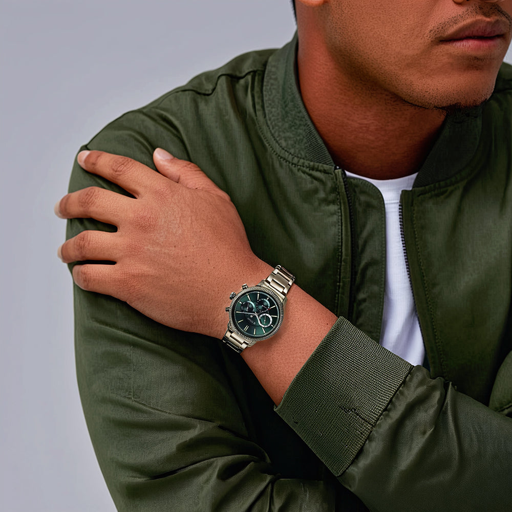 Titan Stellar Quartz Multifunction Green Dial Stainless Steel Strap Watch for Men 10012QM01