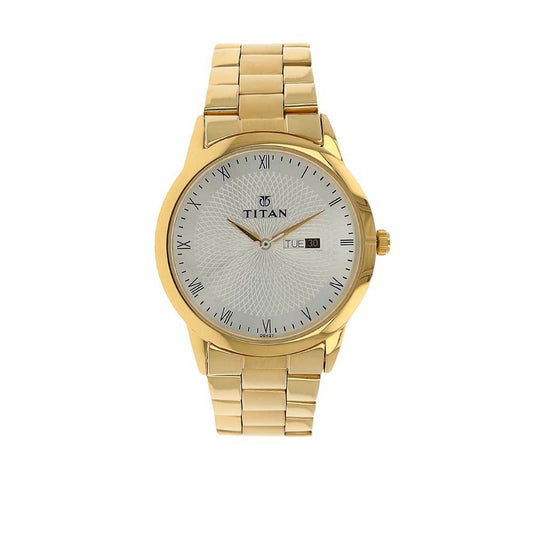 Titan Quartz Analog with Day and Date Silver Round Dial Golden Stainless Steel Strap Watch For Men 1584YM02