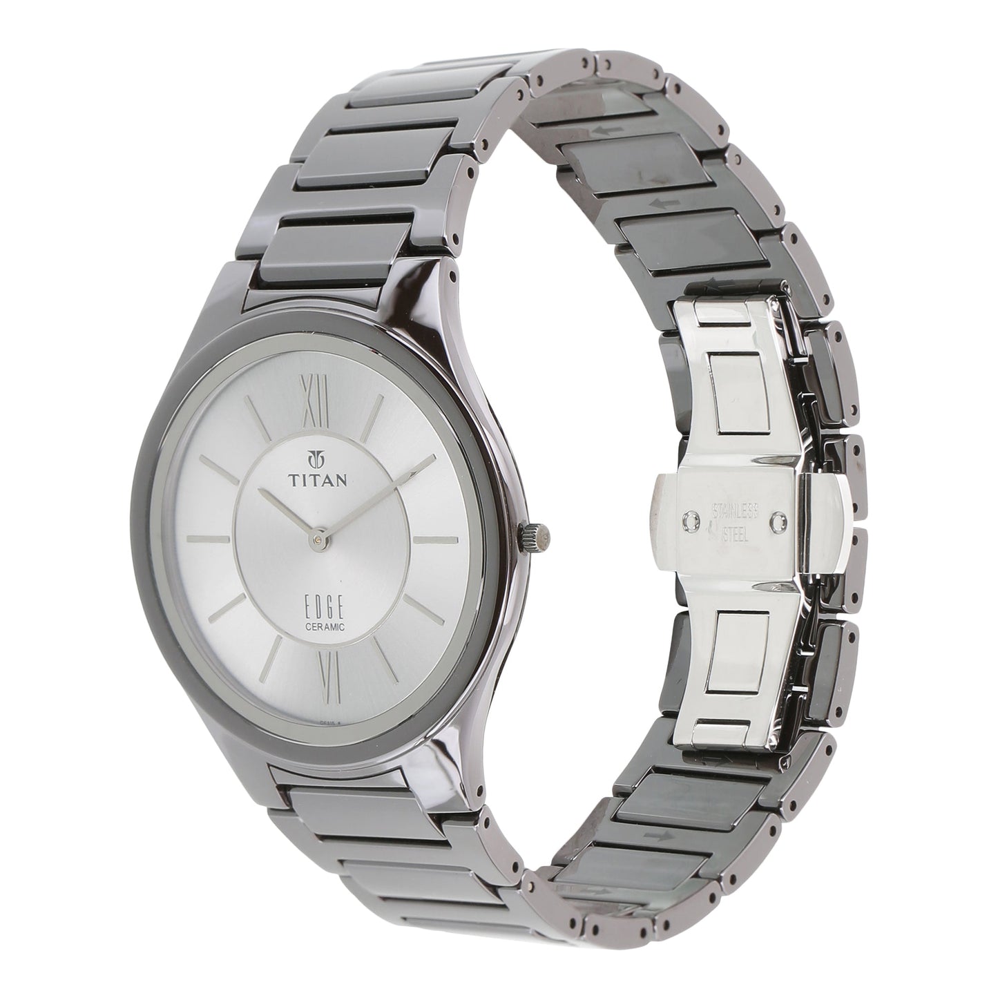 Titan Edge Ceramic Quartz Analog Silver Dial Grey Ceramic Strap Watch For Men