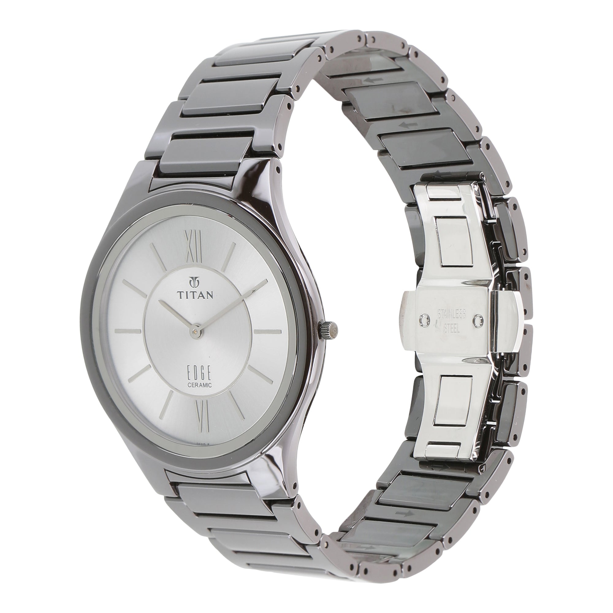 Titan Edge Ceramic Quartz Analog Silver Dial Grey Ceramic Strap Watch For Men
