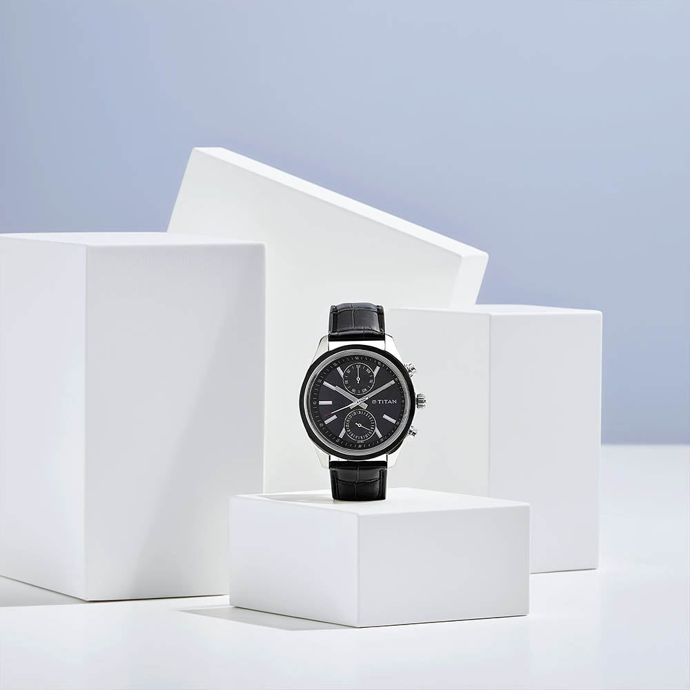 Titan Quartz Multifunction Blue Dial Leather Strap Watch for Men 1733KL01