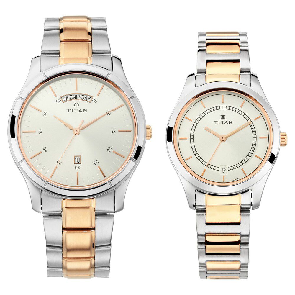 Titan Quartz Analog with Day and Date Silver Dial Stainless Steel Strap Watch for Couple 17672596KM01