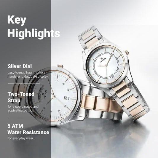 Titan Quartz Analog with Day and Date Silver Dial Stainless Steel Strap Watch for Couple 17672596KM01