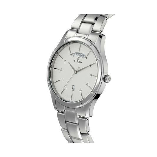 Titan Workwear White Dial Analog with Day and Date Stainless Steel Strap watch for Men 1767SM01