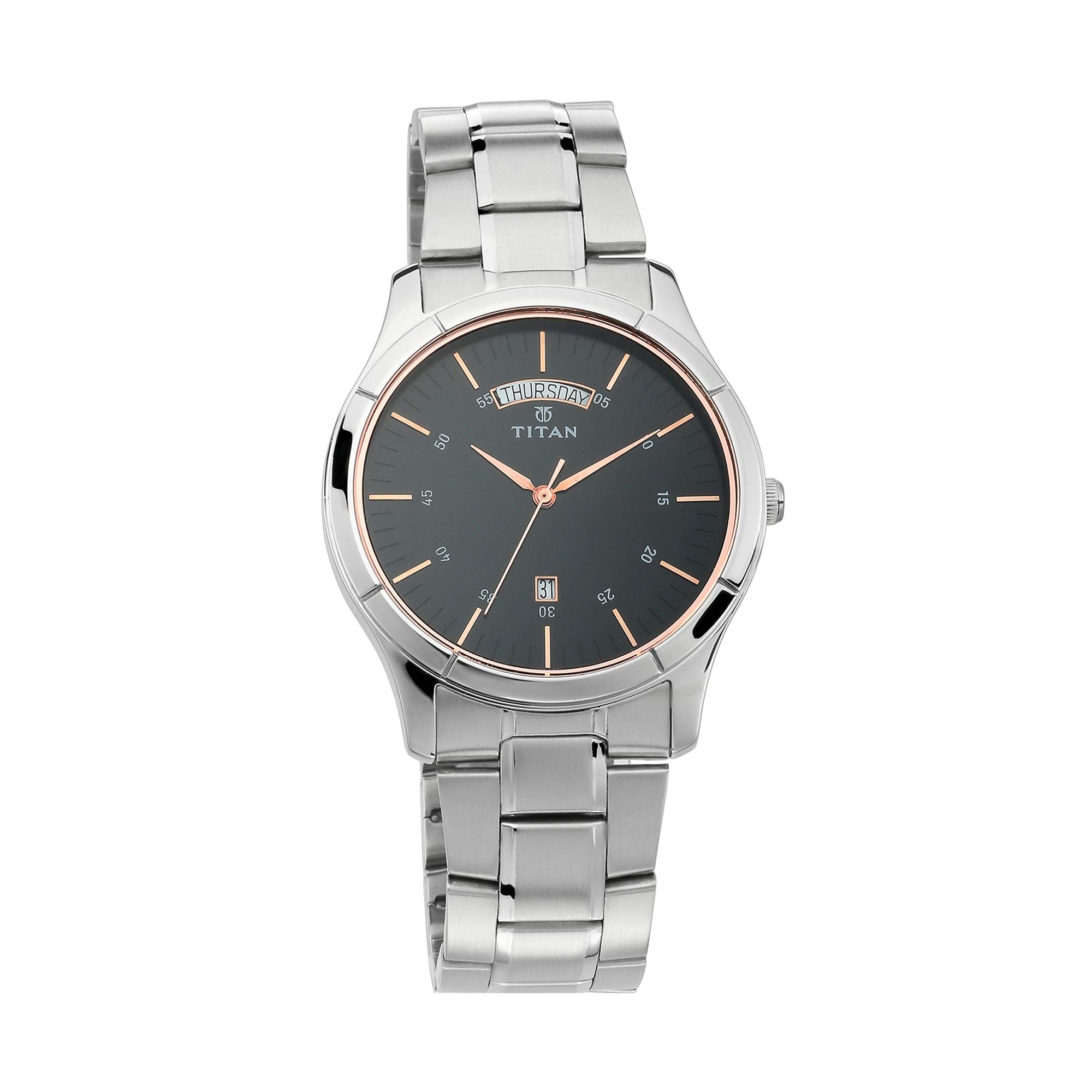 Titan Workwear Black Dial Analog with Day and Date Stainless Steel Strap watch for Men 1767SM02