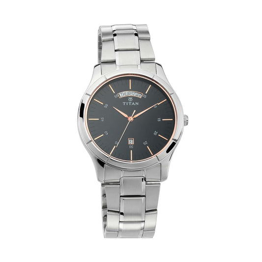 Titan Workwear Black Dial Analog with Day and Date Stainless Steel Strap watch for Men 1767SM02