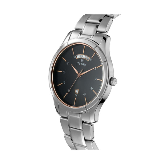 Titan Workwear Black Dial Analog with Day and Date Stainless Steel Strap watch for Men 1767SM02