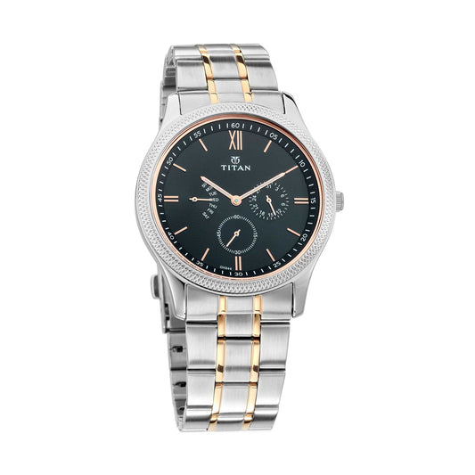 Titan Quartz Multifunction Black Dial Stainless Steel Strap Watch for Men 1768KM01