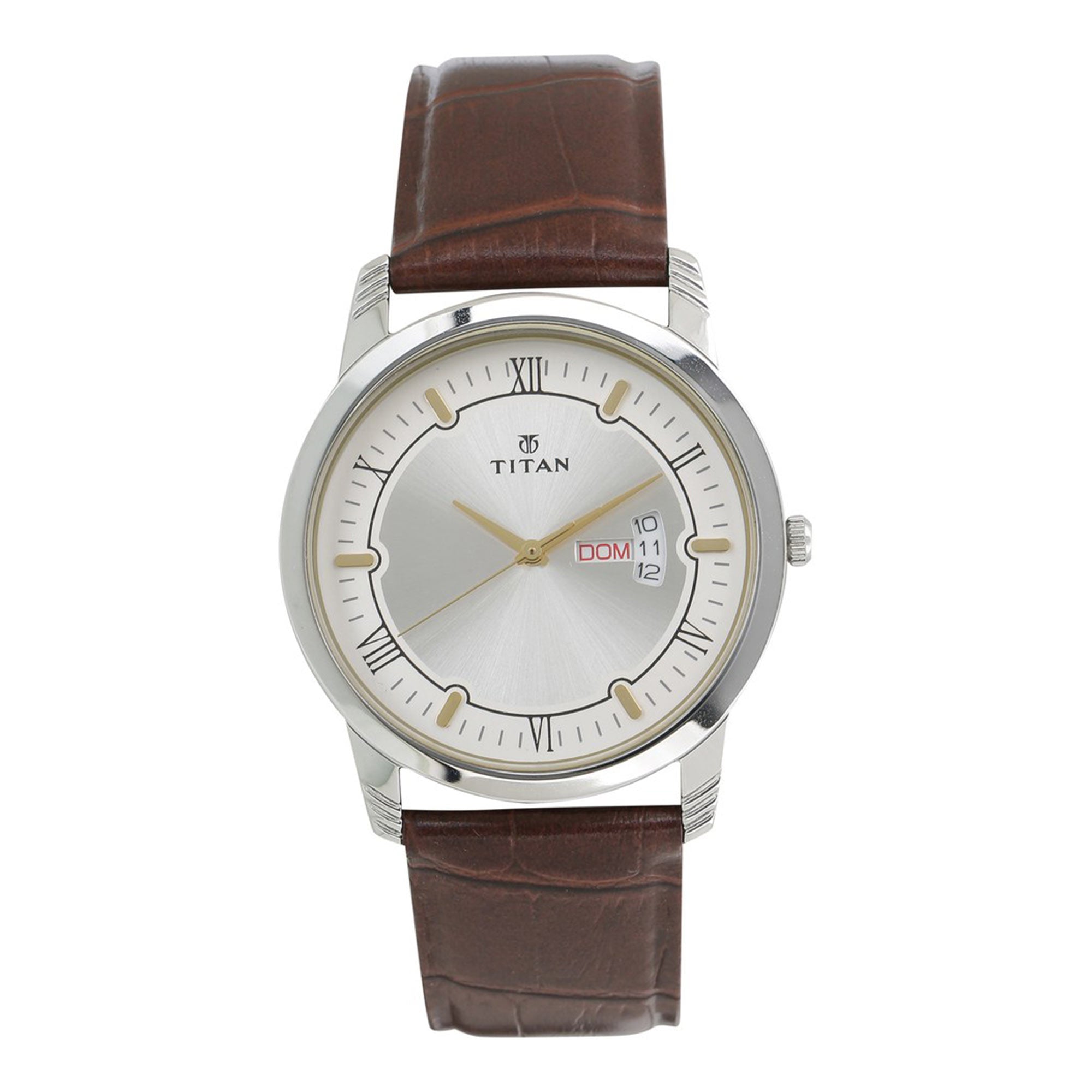 Titan Quartz Analog with Day and Date Silver Dial Leather Strap Watch for Men 1774SL01