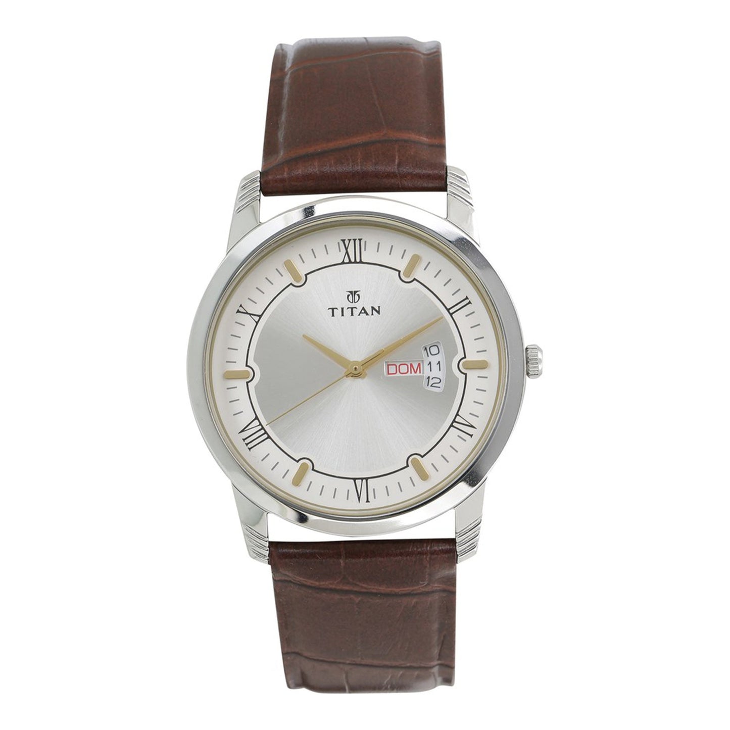 Titan Quartz Analog with Day and Date Silver Dial Leather Strap Watch for Men 1774SL01