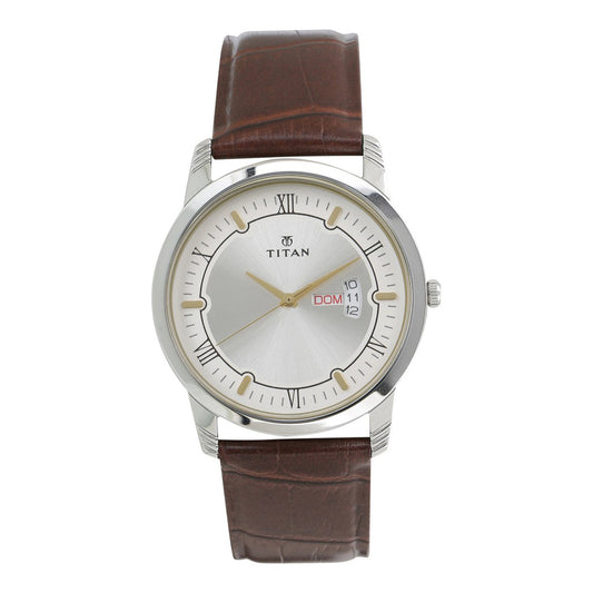 Titan Quartz Analog with Day and Date Silver Dial Leather Strap Watch for Men 1774SL01