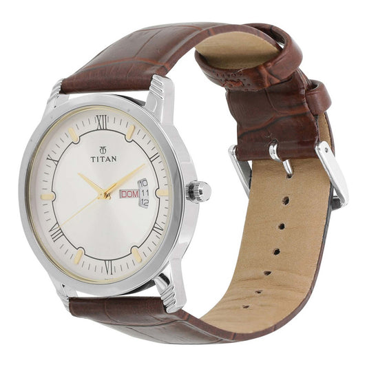 Titan Quartz Analog with Day and Date Silver Dial Leather Strap Watch for Men 1774SL01