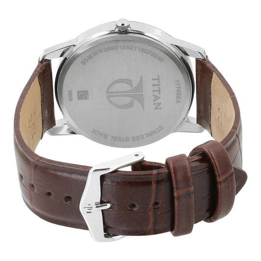 Titan Quartz Analog with Day and Date Silver Dial Leather Strap Watch for Men 1774SL01