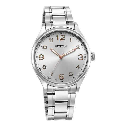 Titan Quartz Analog Silver White Dial Metal Strap Watch for Men