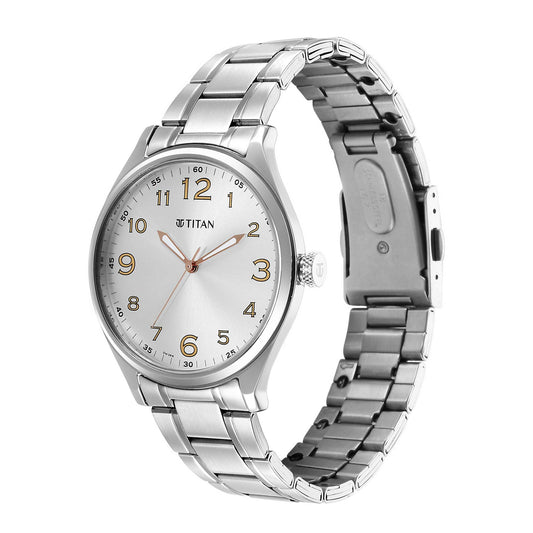 Titan Quartz Analog Silver White Dial Metal Strap Watch for Men