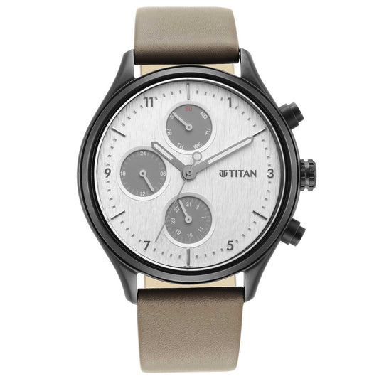 Titan Neo Silver Quartz Multifunction Leather Strap Watch for Men 1803NL02