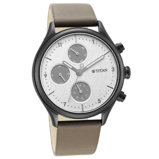 Titan Neo Silver Quartz Multifunction Leather Strap Watch for Men