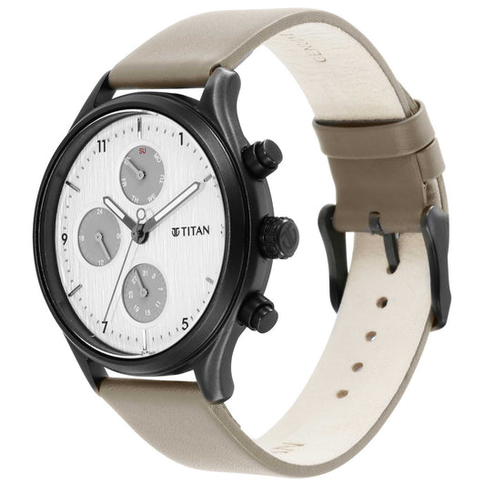 Titan Neo Silver Quartz Multifunction Leather Strap Watch for Men