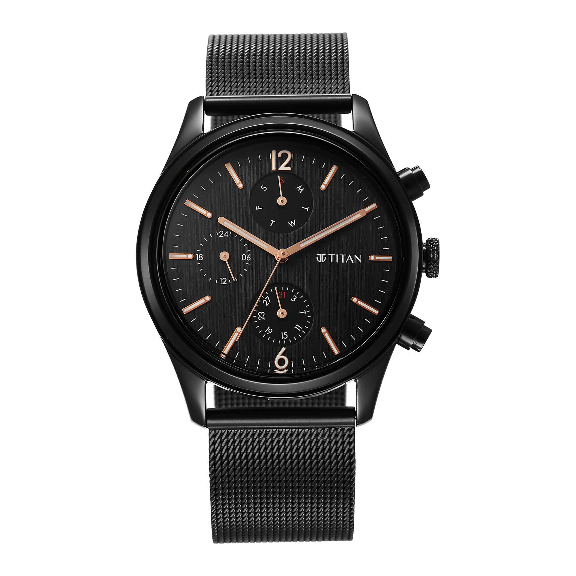 Titan Neo Black & Gold Quartz Analog with Day and Date Black Dial Stainless Steel Strap Watch for Men 1805NM05
