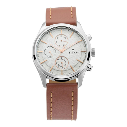 Titan Quartz Multifunction Silver Dial Leather Strap Watch for Men 1805SL01