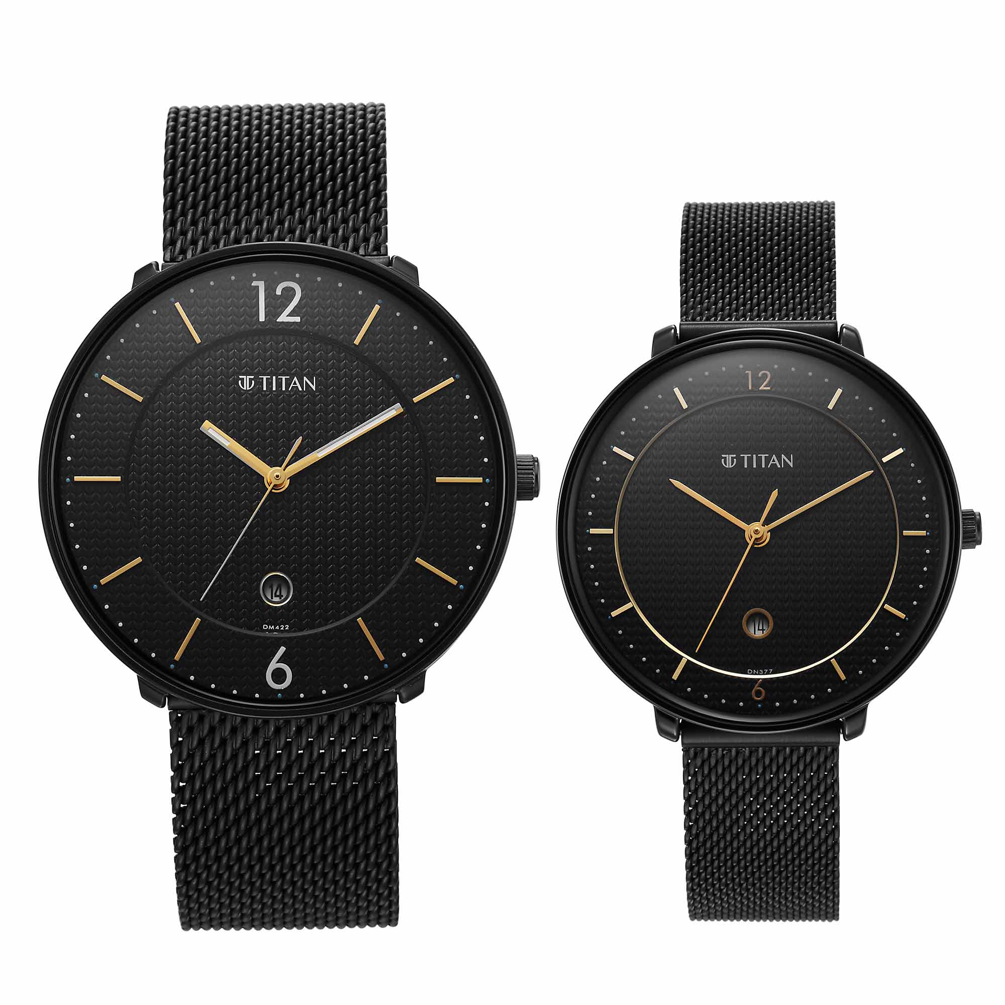 Titan Bandhan Black Dial Analog with Date Stainless Steel Strap watch for Couple