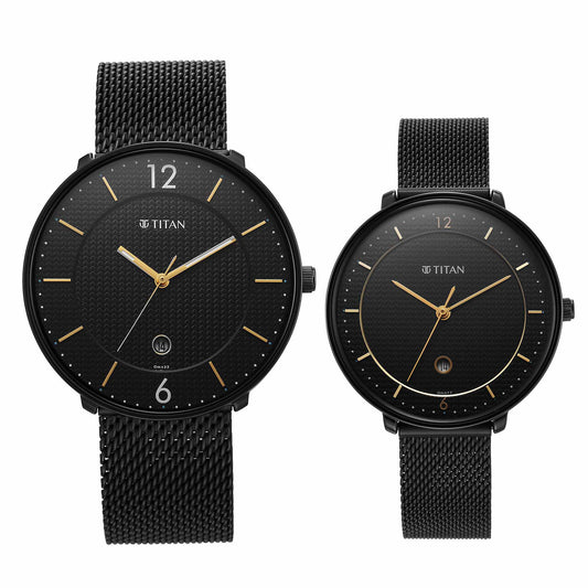 Titan Bandhan Black Dial Analog with Date Stainless Steel Strap watch for Couple 18492651NM01