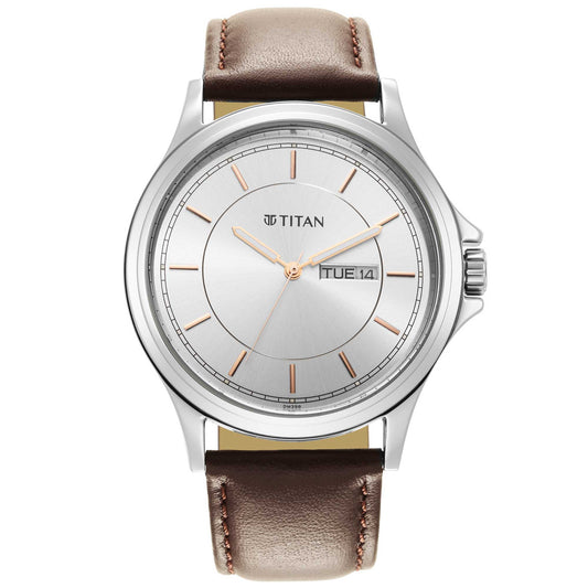Titan Quartz Analog Silver White Dial Leather Strap Watch for Men 1870SL03