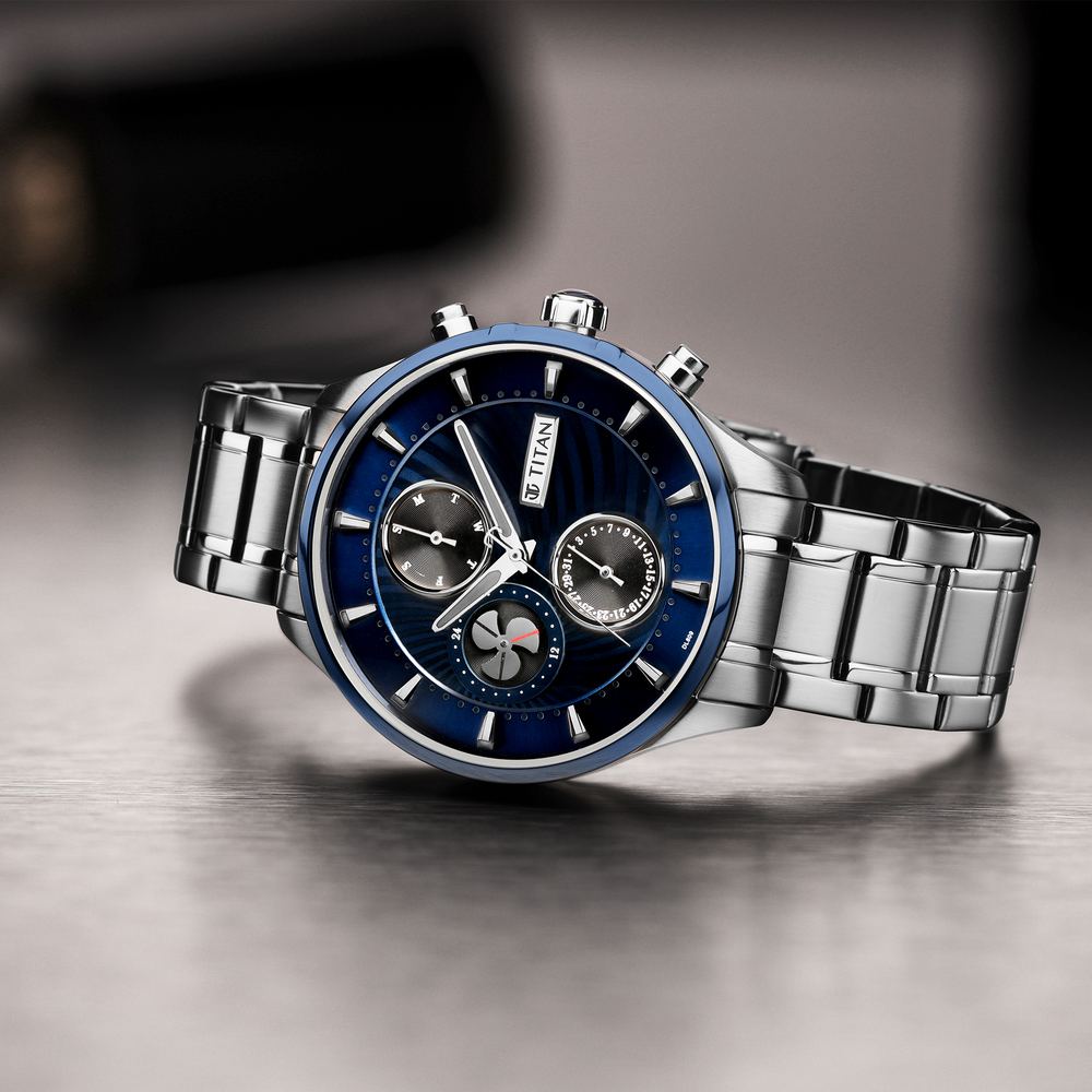 Titan Maritime Blue Dial Quartz Multifunction Stainless Steel Strap watch for Men 1873KM02