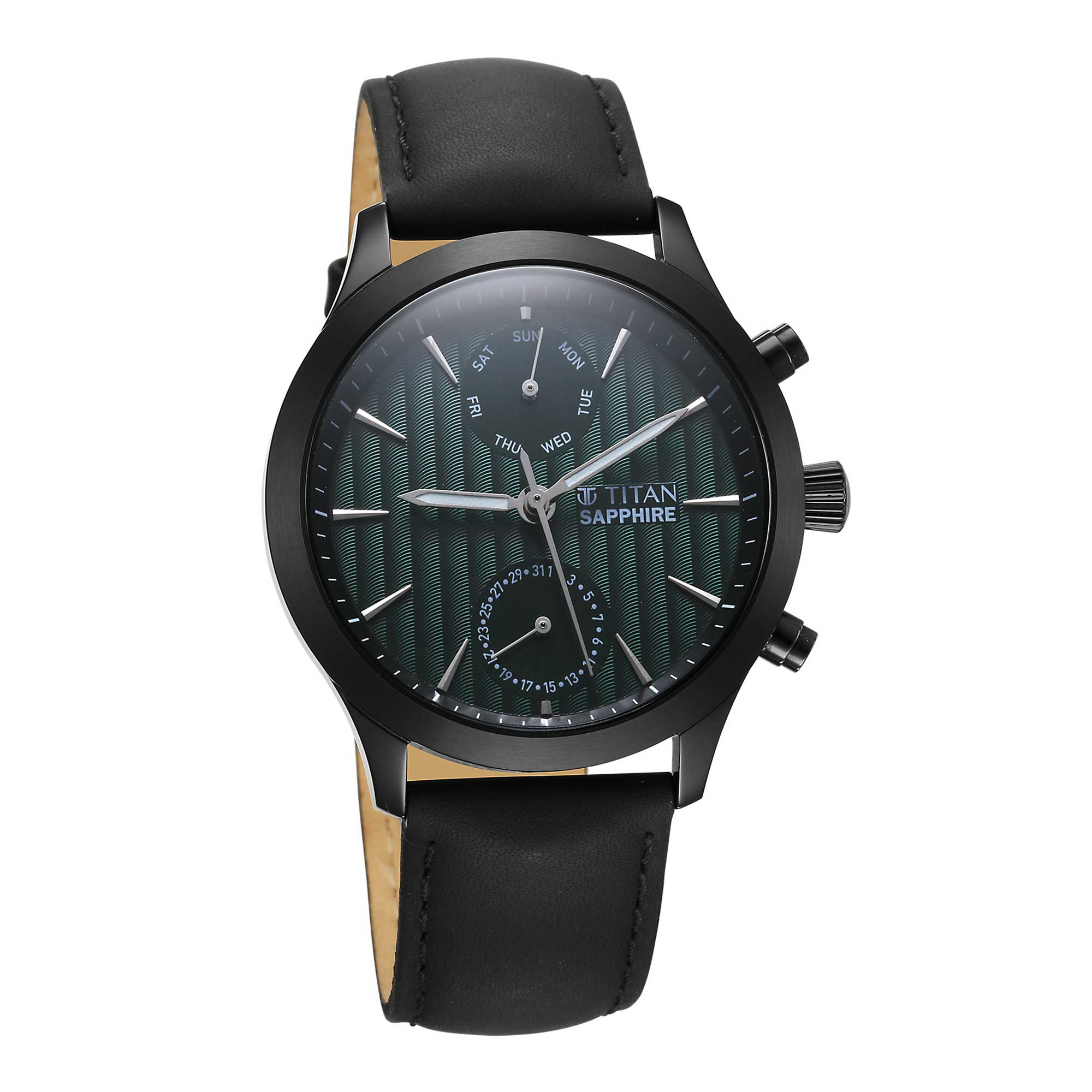 Titan Sapphire Multifunction Quartz Analog with Day and Date Green Dial Leather Strap Watch for Men