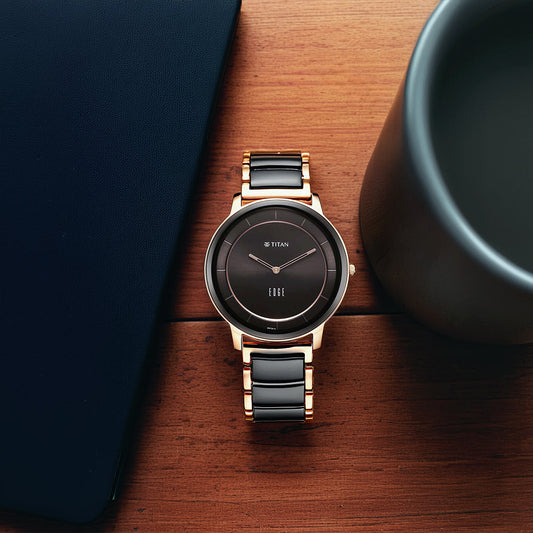 Titan Edge Fusion Quartz Analog Black Dial Black Steel & Ceramic Strap Watch for Men 1878KD03