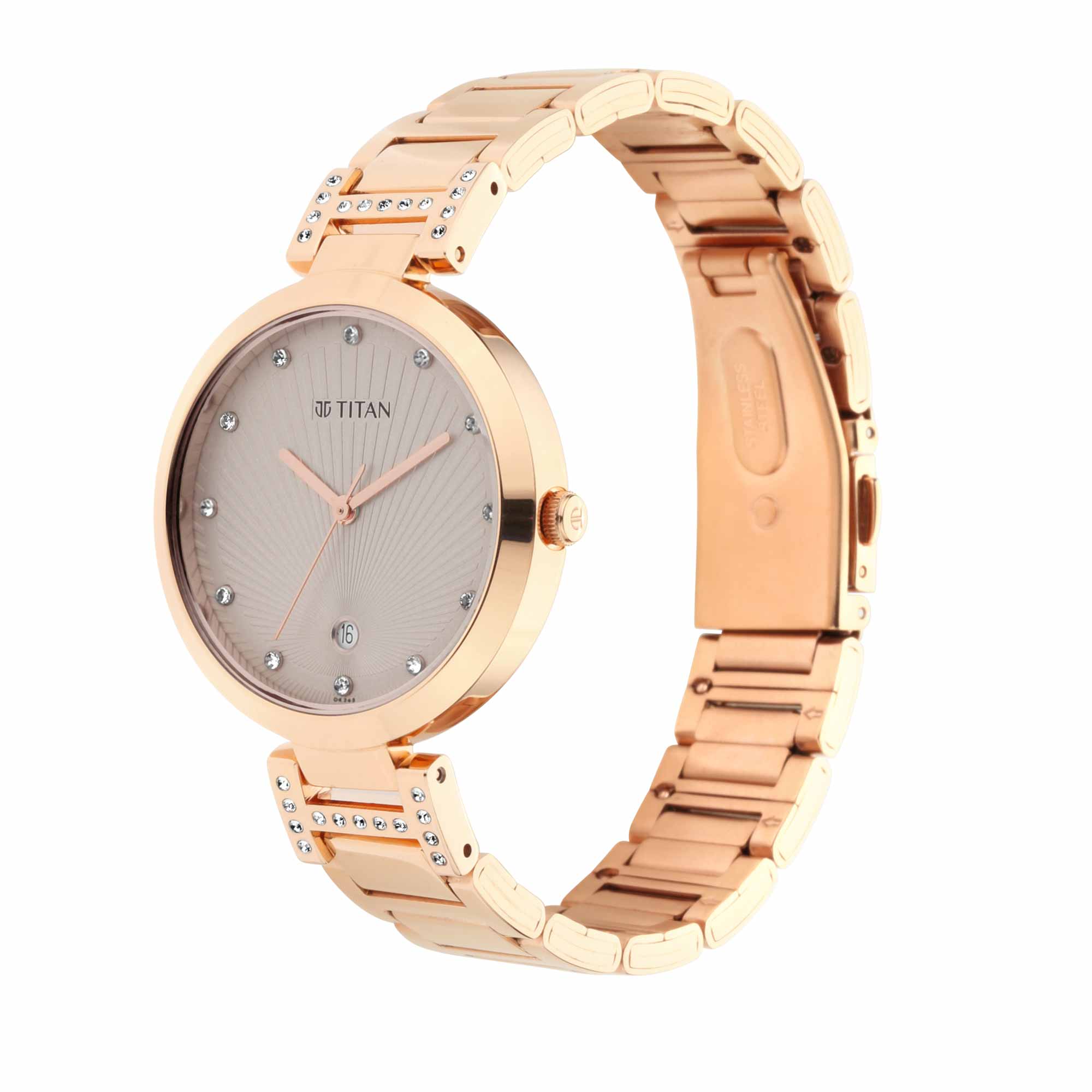 Titan Sparkle Rose Gold Dial Analog with Date Metal Strap watch for Women