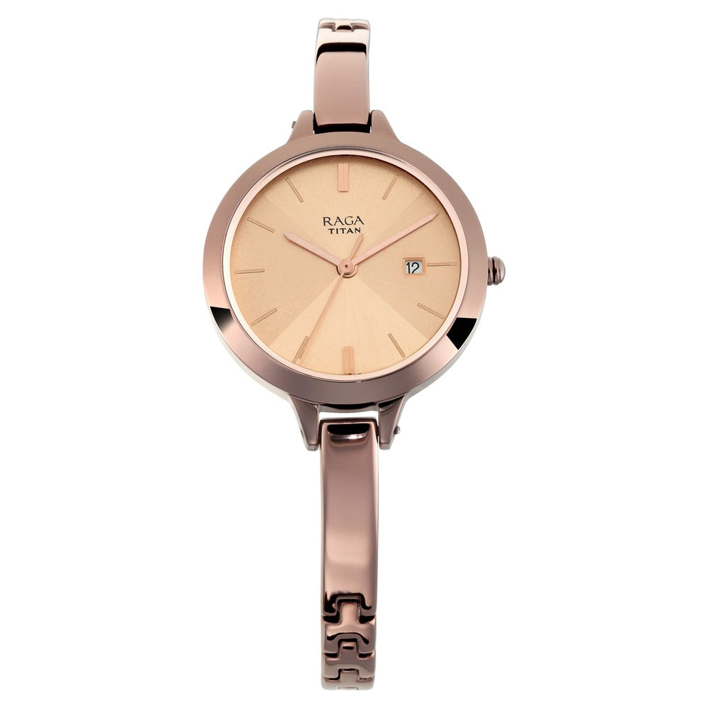 Titan Quartz Analog with Date Rose Gold Dial Metal Strap Watch for Women 2578QM01