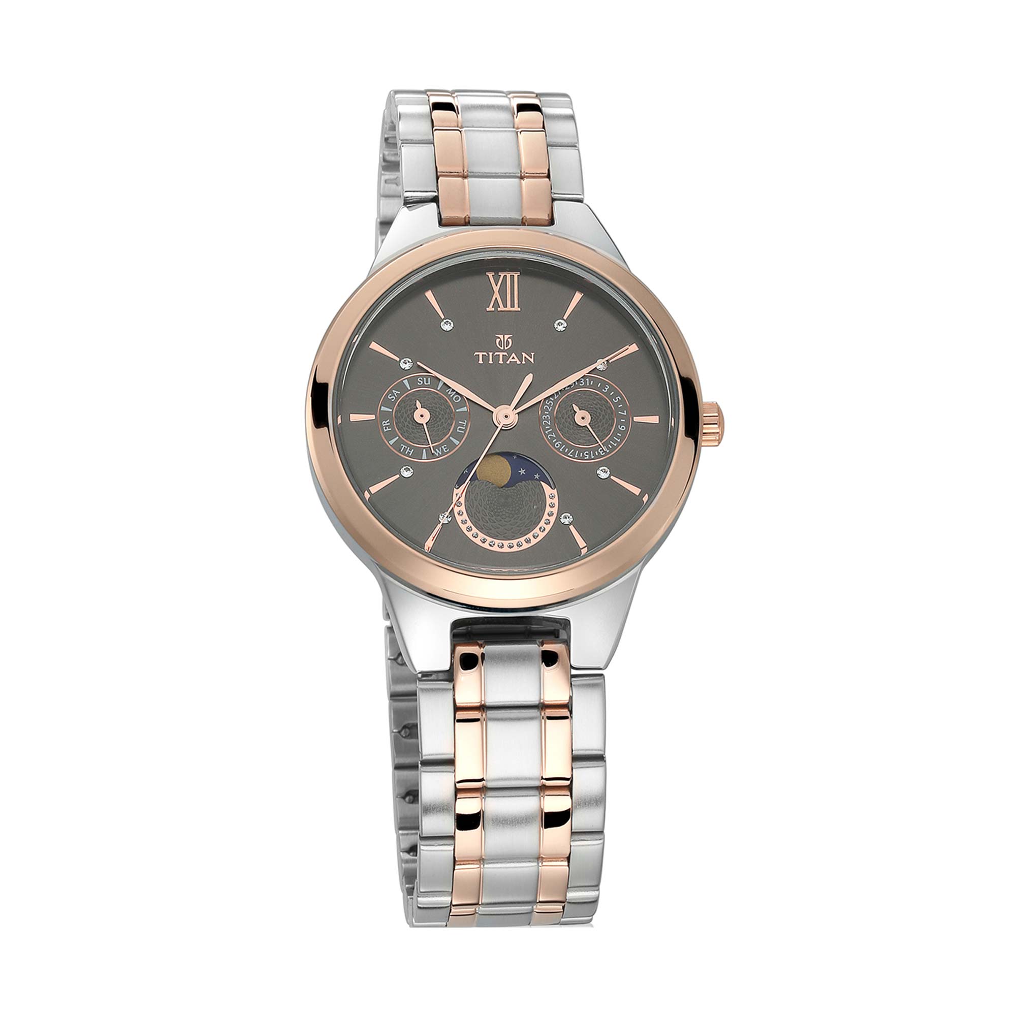Titan Women's Elegance Moonphase Two-Tone Anthracite Dial Watch 2590KM02