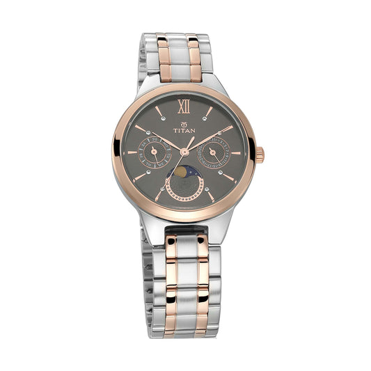 Titan Women's Elegance Moonphase Two-Tone Anthracite Dial Watch 2590KM02