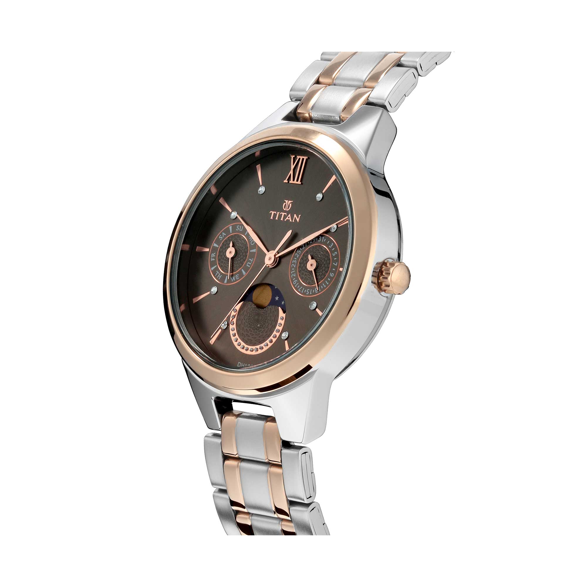 Titan Women's Elegance Moonphase Two-Tone Anthracite Dial Watch 2590KM02