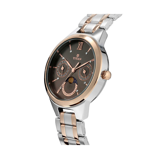 Titan Women's Elegance Moonphase Two-Tone Anthracite Dial Watch 2590KM02