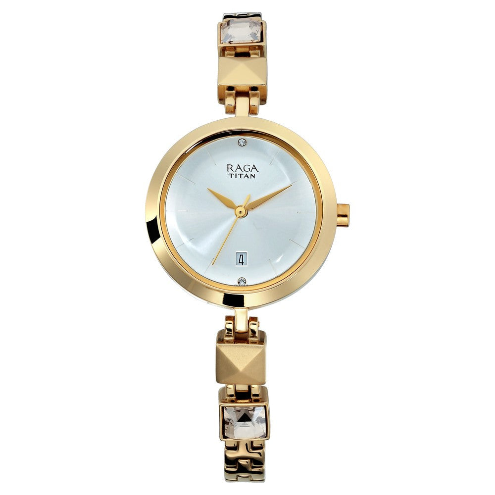 Titan Raga Viva Silver Dial Analog with Date Golden Metal Strap watch for Women 2606YM01