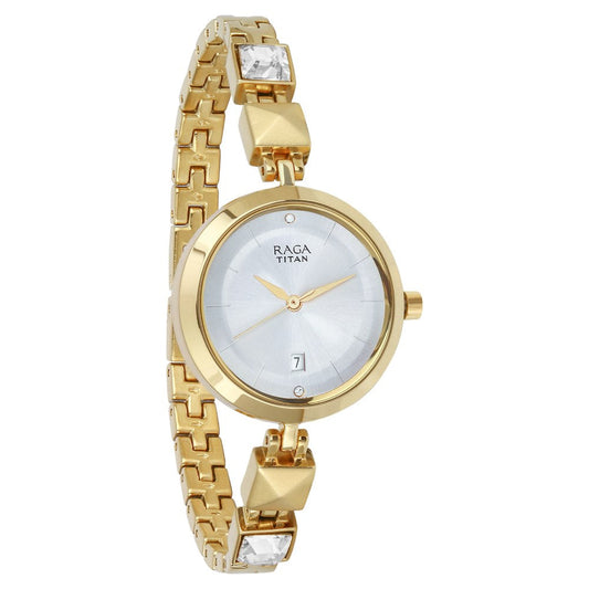Titan Raga Viva Silver Dial Analog with Date Golden Metal Strap watch for Women 2606YM01