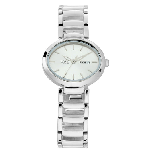 Titan Raga Viva Silver Dial Analog with Day and Date Metal Strap Watch for Women 2620SM01