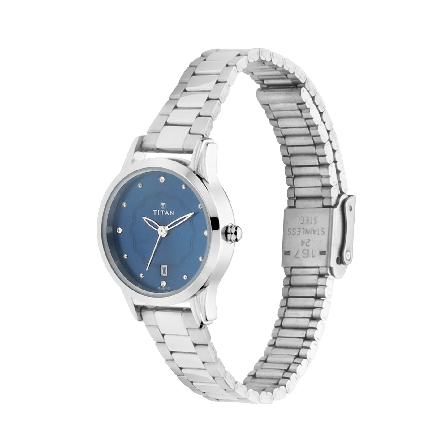 Titan Quartz Analog with Date Blue Dial Metal Strap Watch for Women 2628SM01