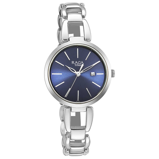 Titan Raga Viva Blue Dial Analog with Date Silver Metal Strap Watch for Women 2642SM02