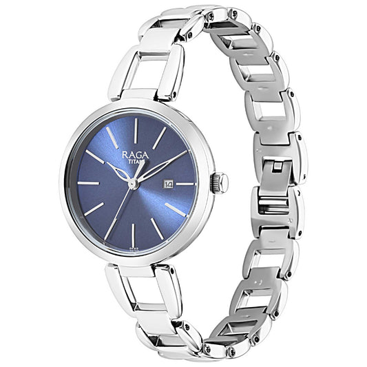 Titan Raga Viva Blue Dial Analog with Date Silver Metal Strap Watch for Women 2642SM02