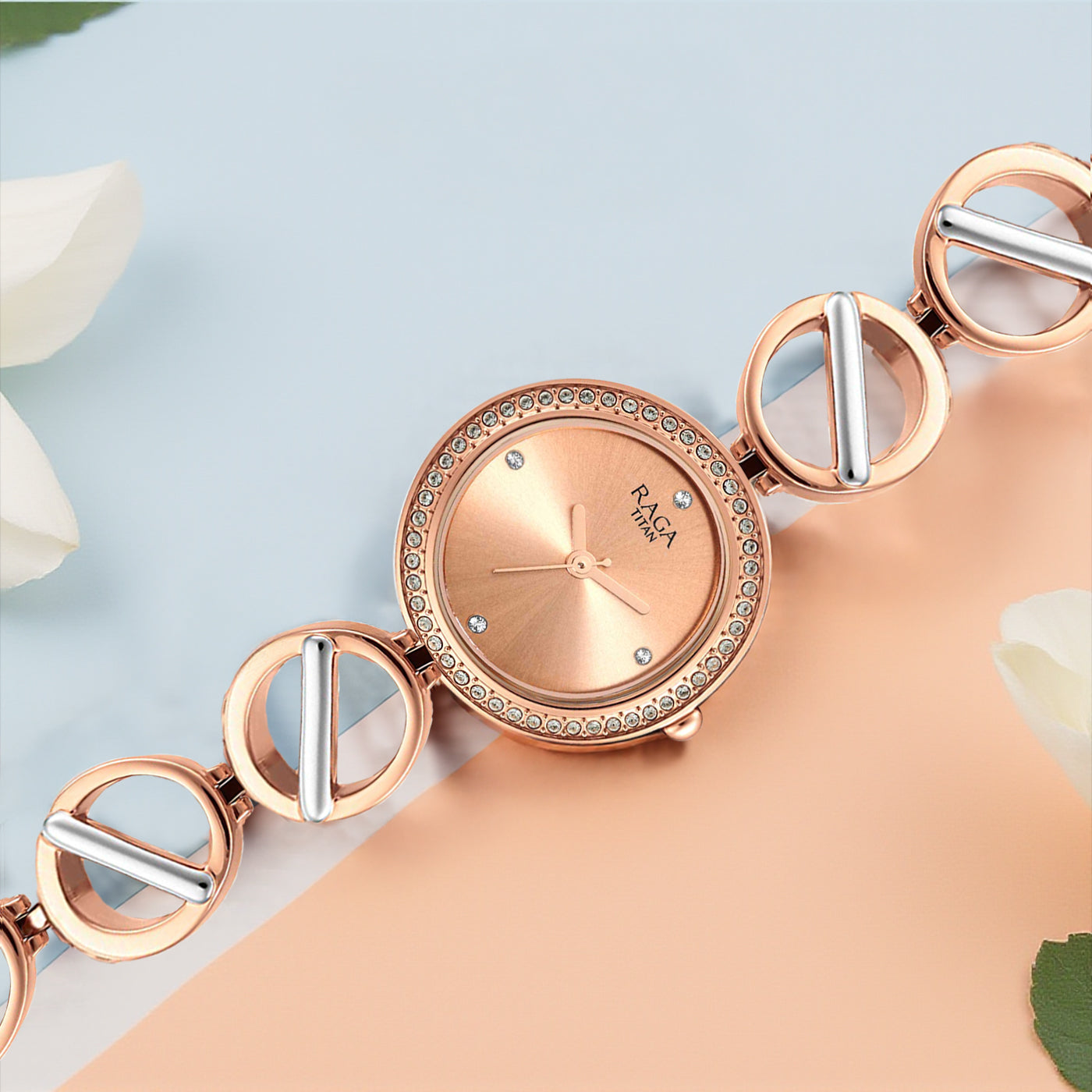 Titan Raga Viva Quartz Analog Rose Gold Dial Two Toned Metal Strap Watch For Women 2643KM01