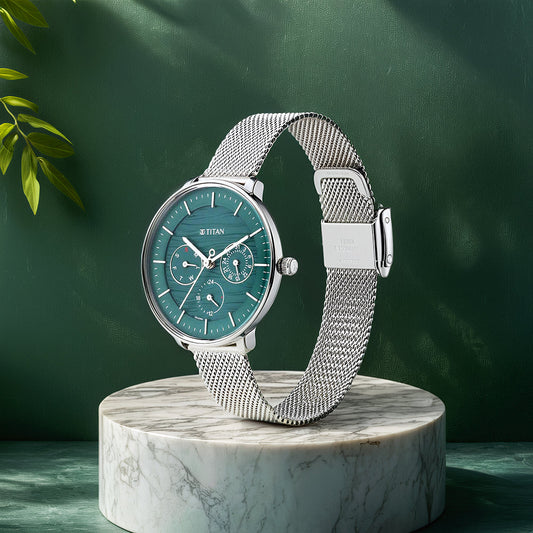 Titan Workwear Green Dial Analog Stainless Steel Strap watch for Women 2651SM02