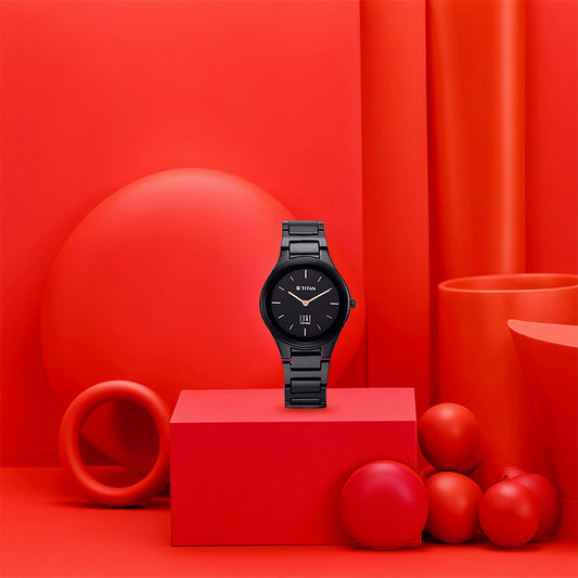 Titan Edge Ceramic Quartz Analog Black Dial Black Ceramic Strap Watch For Women 2653NC01